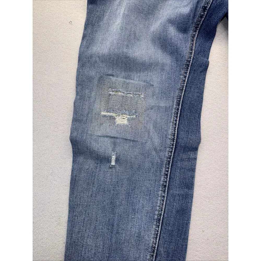 Sun + Stone Mens 34x30 Distressed Patch Straight Leg Stretch Jeans Light Wash